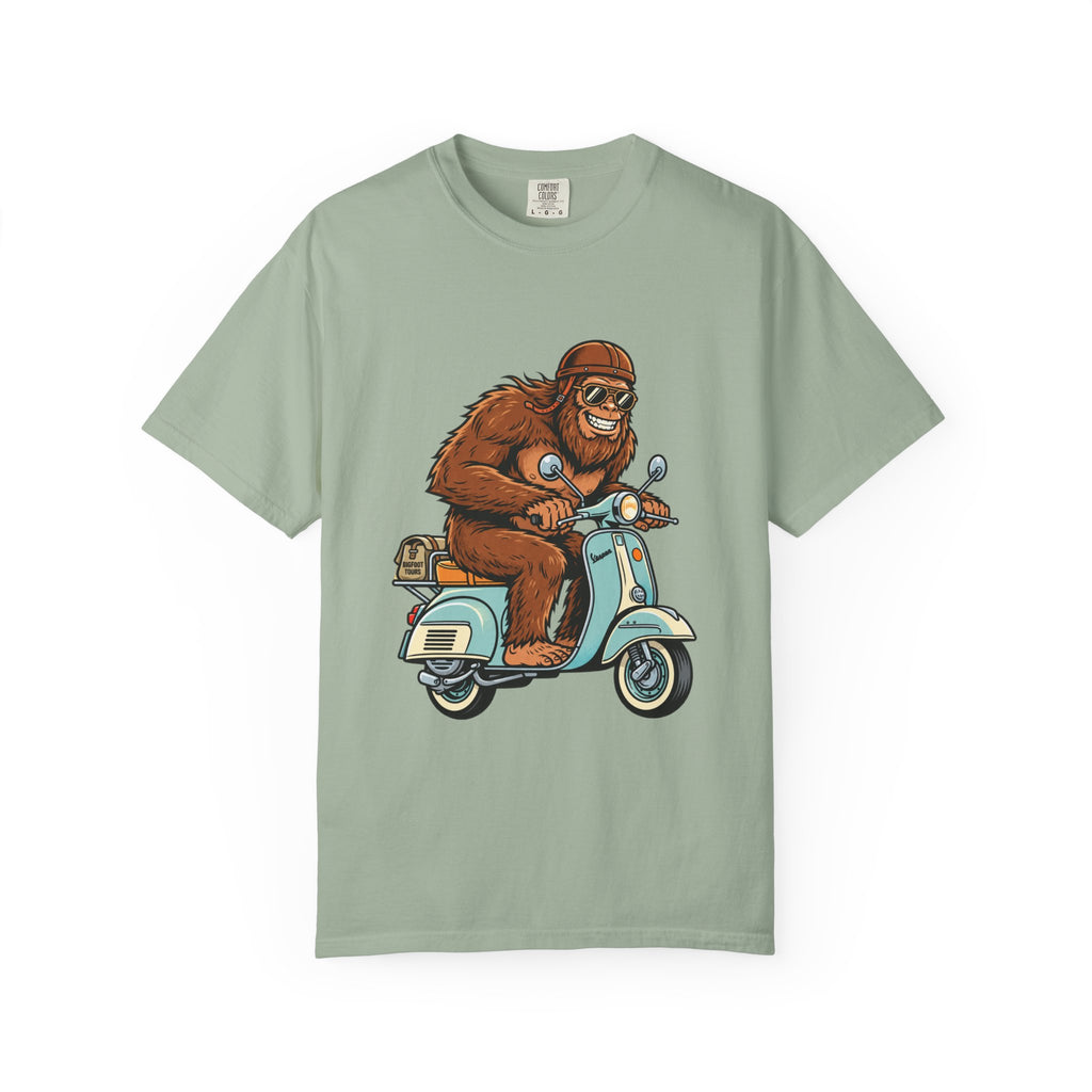 Sasquatch Scooter T-Shirt — Retro Bigfoot Riding Vespa Graphic Tee