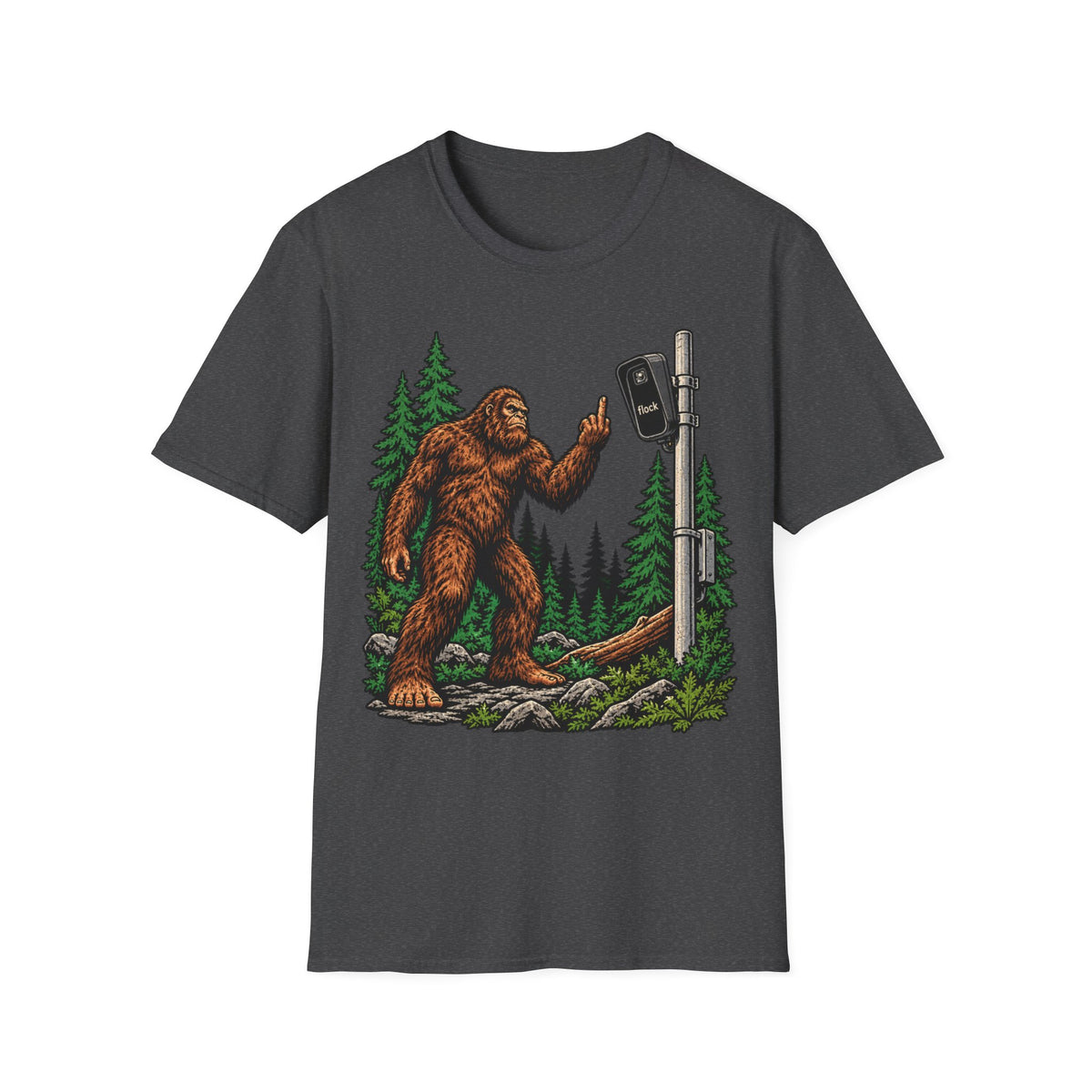 Bigfoot Flipping off flock camera tee