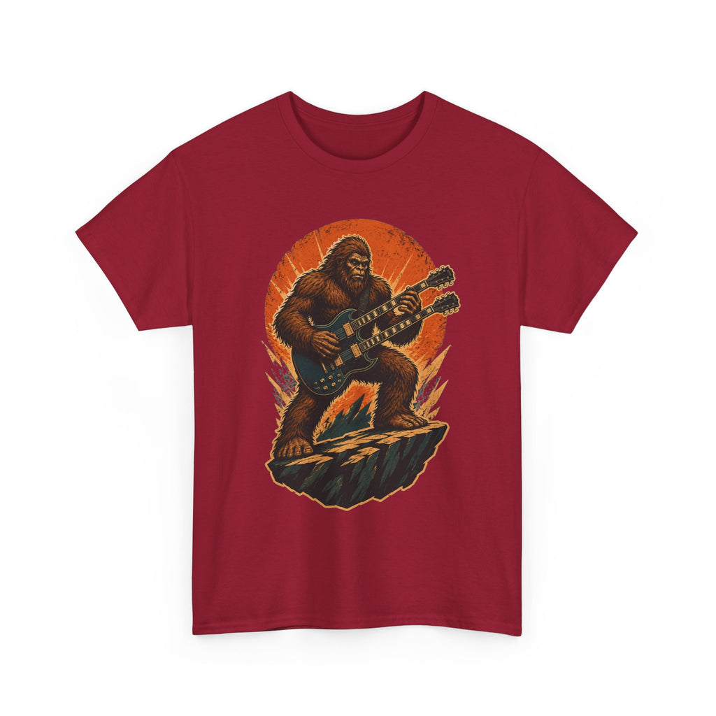 Sasquatch Playing Double-Neck Guitar T-Shirt | Retro Rock Monster Tee