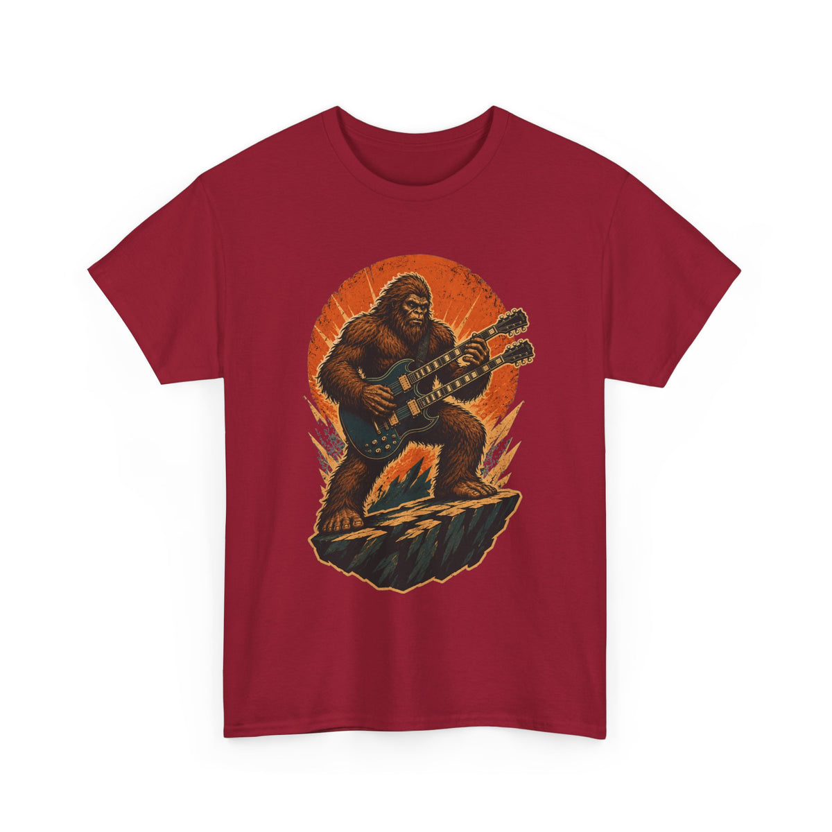 Sasquatch Playing Double-Neck Guitar T-Shirt | Retro Rock Monster Tee