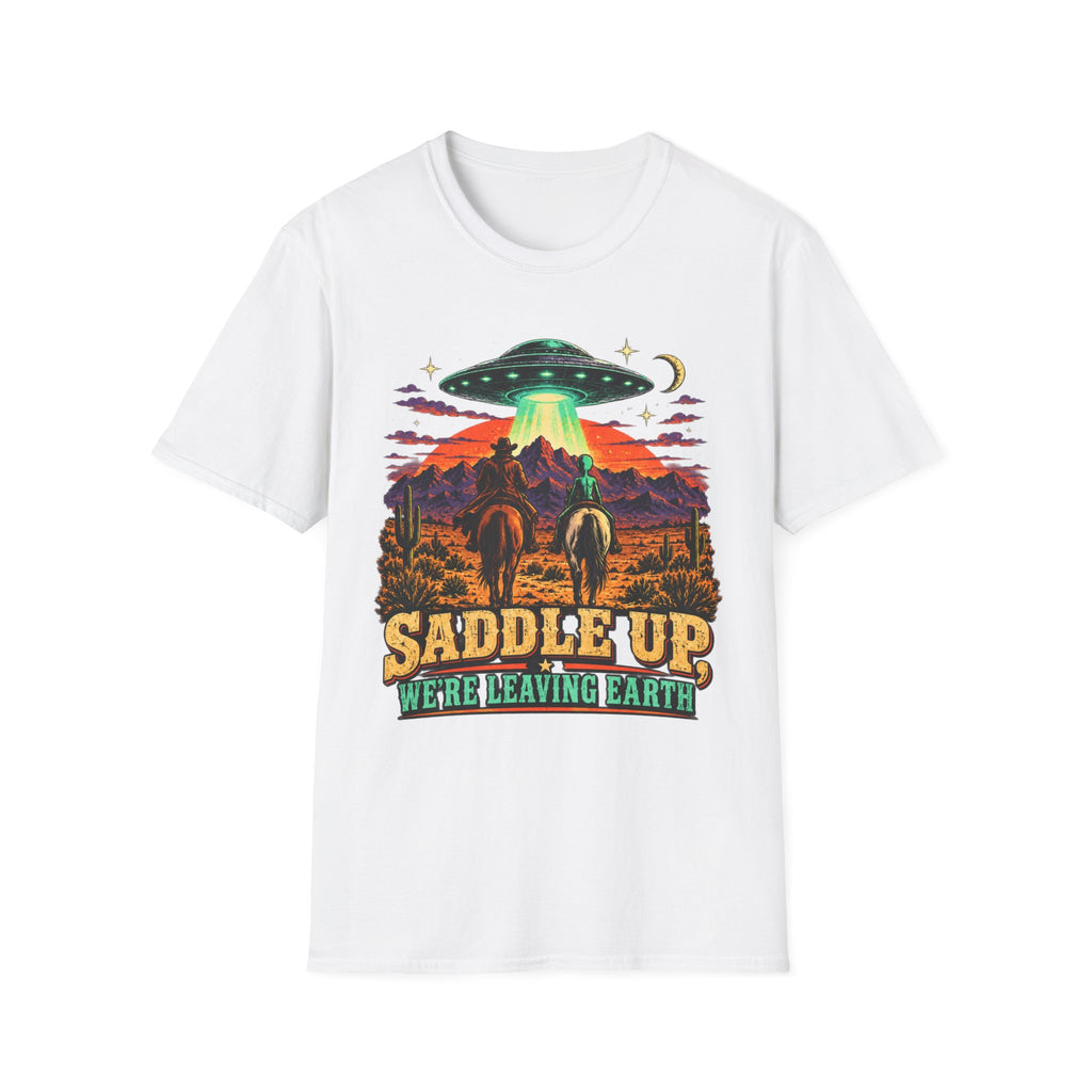 “Saddle Up We’re Leaving Earth” Retro Western Alien Tee