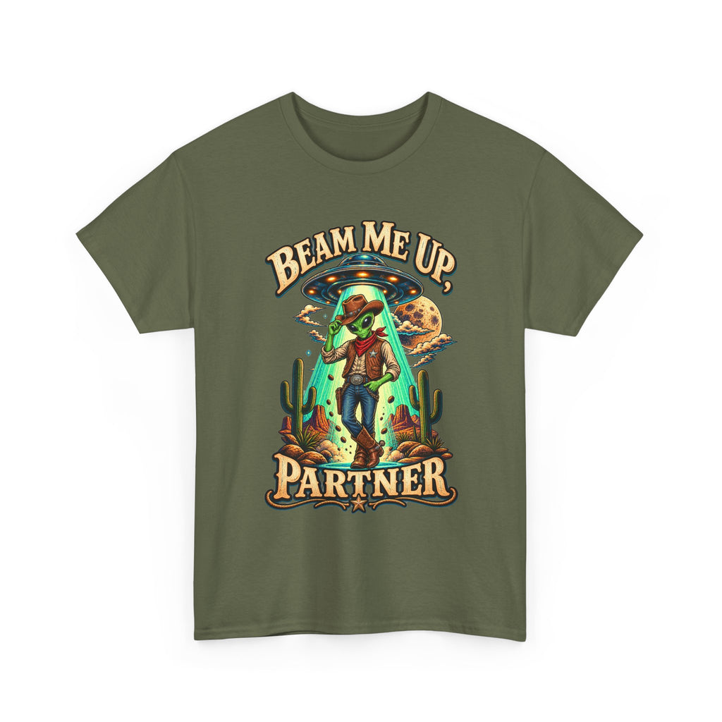 Beam Me Up Partner T-Shirt | Cowboy Alien Desert Illustration