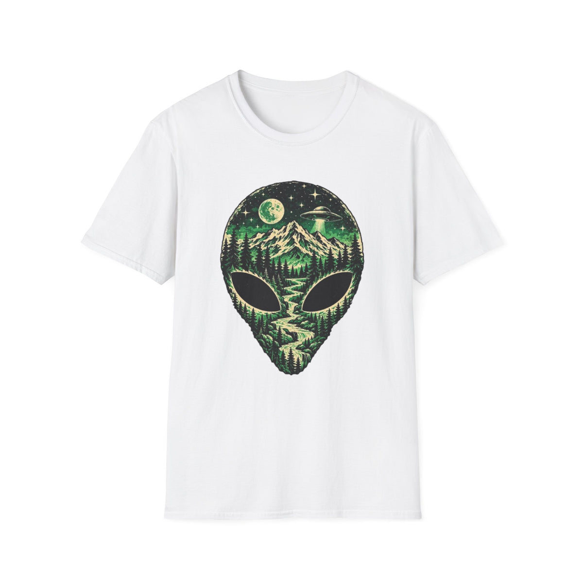 Mystical Mountain Alien T-Shirt – Retro UFO Lover Graphic Tee