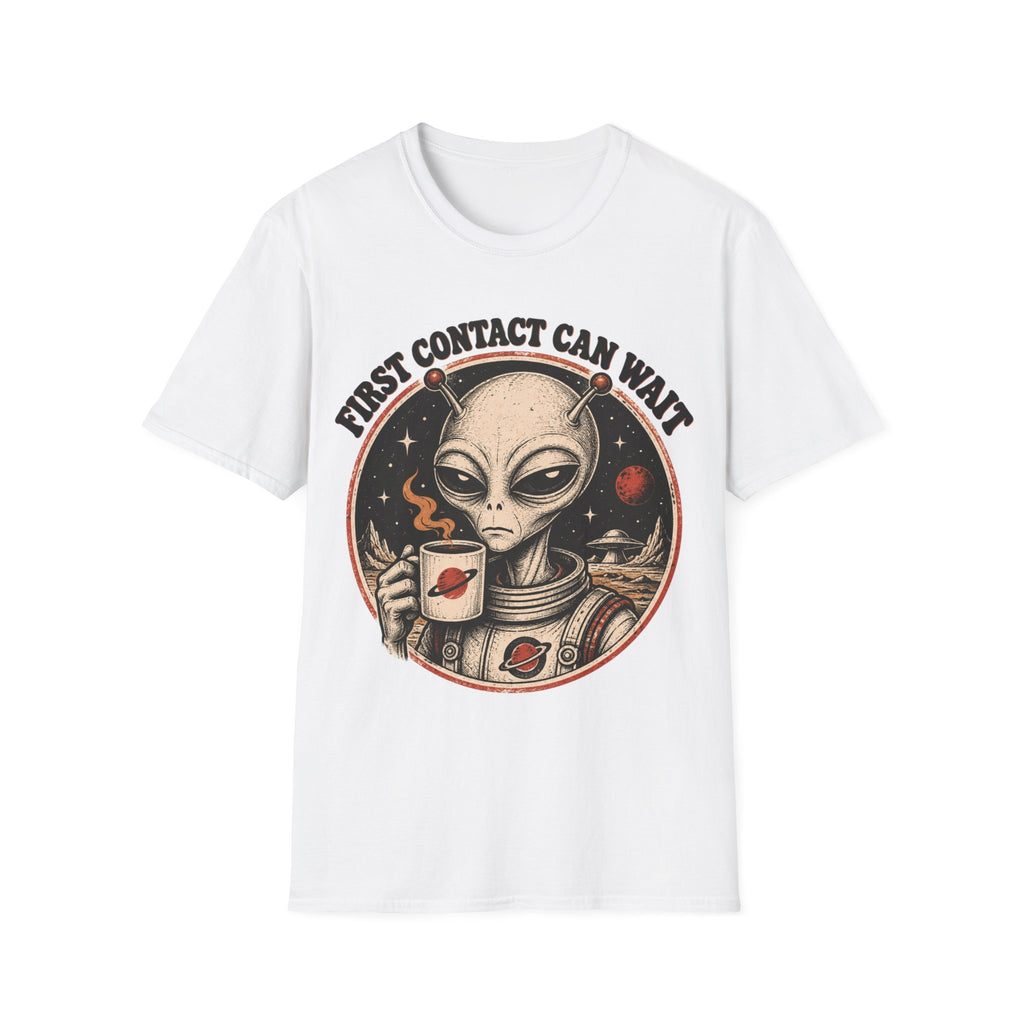 Alien Astronaut T‑Shirt - "First Contact Can Wait" Coffee Space Tee