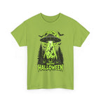Alien UFO Abduction Halloween T-Shirt | Glow Green Pumpkin Forest