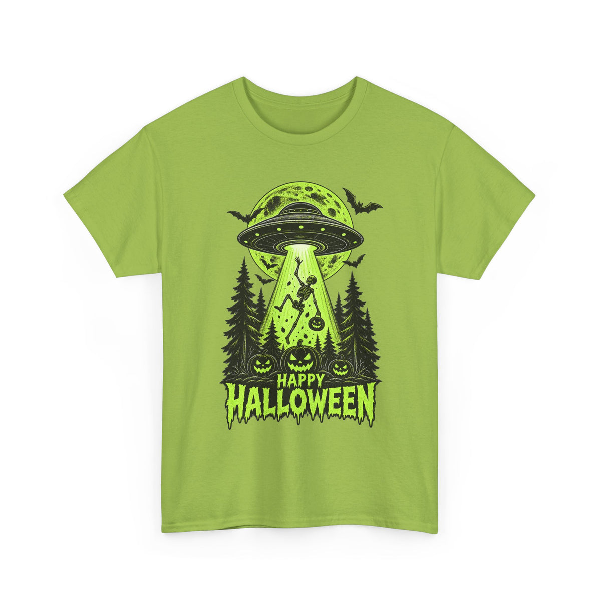 Alien UFO Abduction Halloween T-Shirt | Glow Green Pumpkin Forest