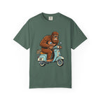 Sasquatch Scooter T-Shirt — Retro Bigfoot Riding Vespa Graphic Tee