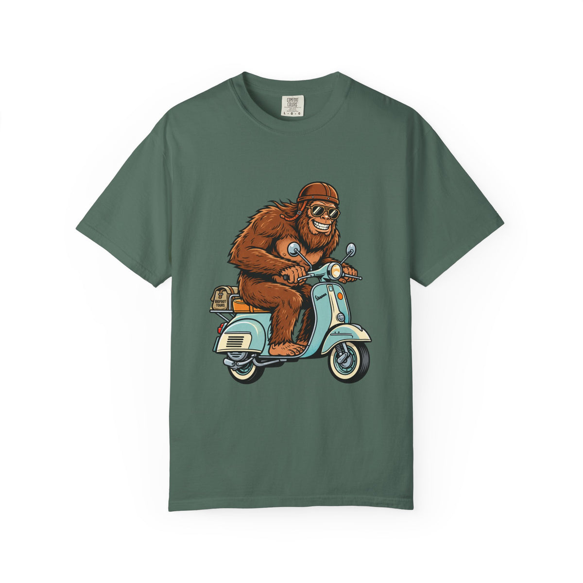 Sasquatch Scooter T-Shirt — Retro Bigfoot Riding Vespa Graphic Tee