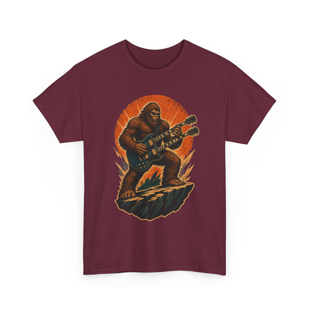 Sasquatch Playing Double-Neck Guitar T-Shirt | Retro Rock Monster Tee