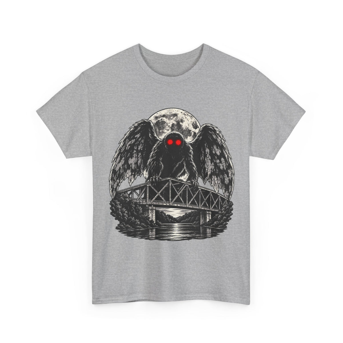 Mothman Bridge Graphic Tee — Red-Eyed Cryptid Illustration T-Shirt