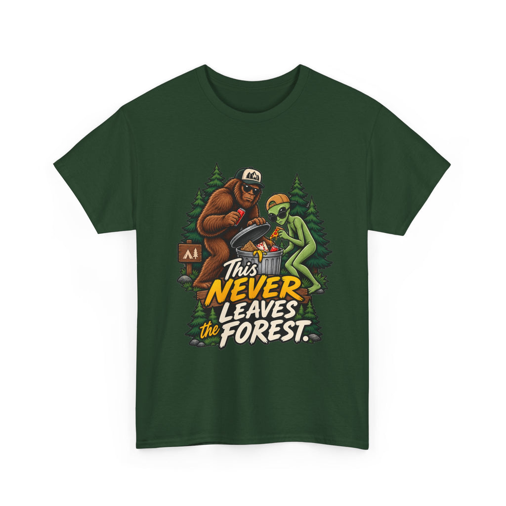 Bigfoot and Alien Illustration Tee | This Never Leaves the Forest, Forest Graphic Shirt