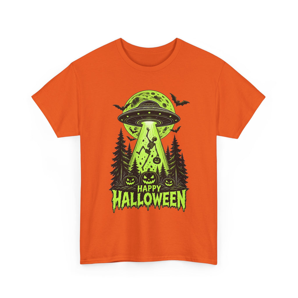 Alien UFO Abduction Halloween T-Shirt | Glow Green Pumpkin Forest