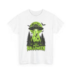 Alien UFO Abduction Halloween T-Shirt | Glow Green Pumpkin Forest