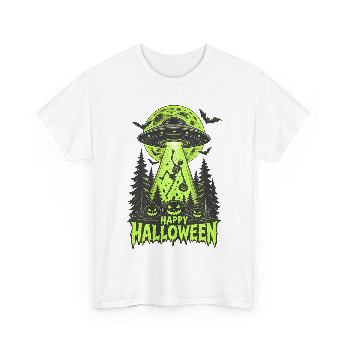 Alien UFO Abduction Halloween T-Shirt | Glow Green Pumpkin Forest