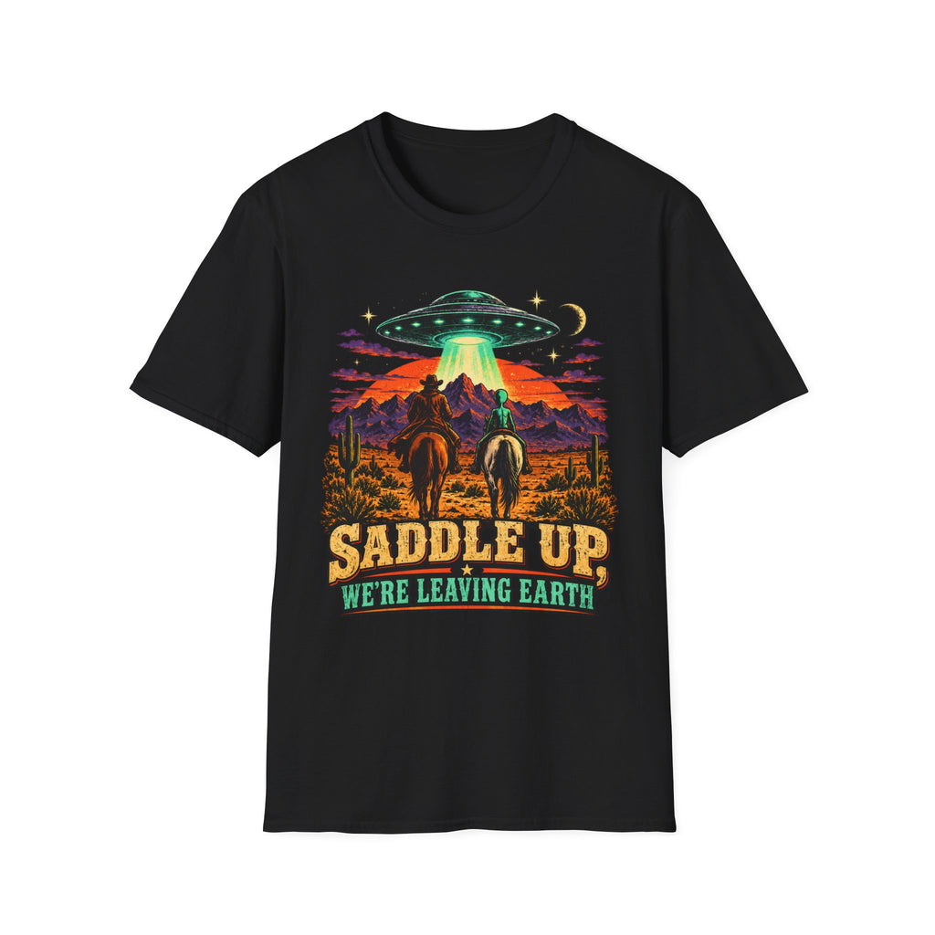 “Saddle Up We’re Leaving Earth” Retro Western Alien Tee