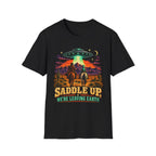 “Saddle Up We’re Leaving Earth” Retro Western Alien Tee