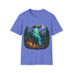 Camping UFO Abduction T-Shirt — Night Forest Tent & Alien Spaceship Graphic