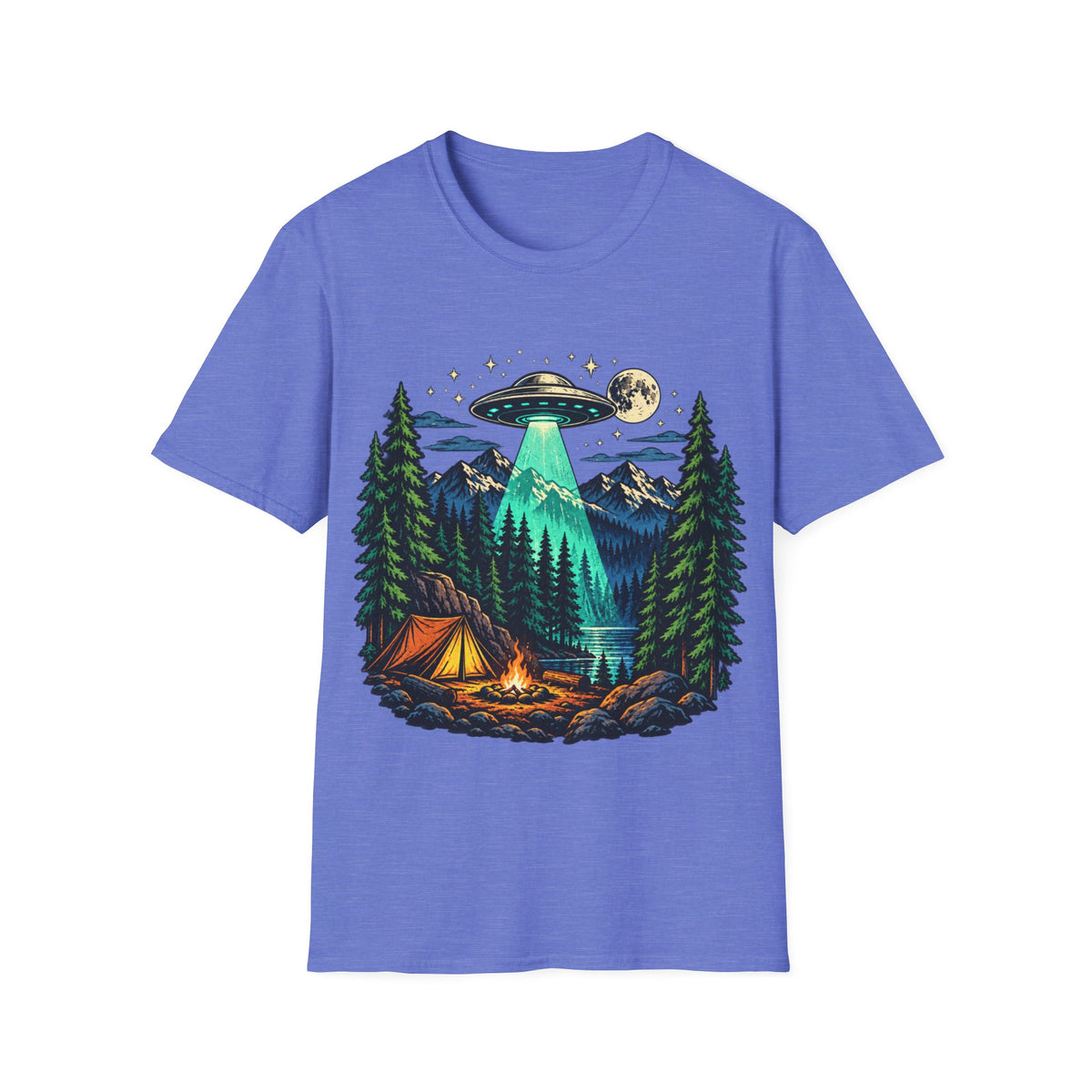 Camping UFO Abduction T-Shirt — Night Forest Tent & Alien Spaceship Graphic