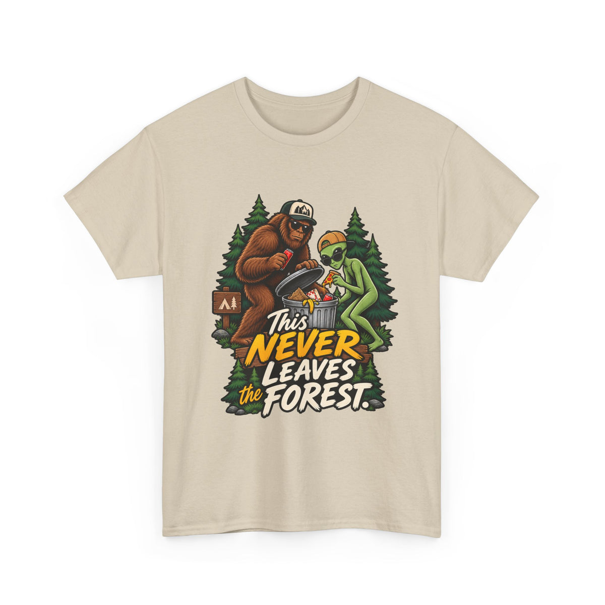 Bigfoot and Alien Illustration Tee | This Never Leaves the Forest, Forest Graphic Shirt