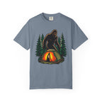 Bigfoot Camping T-Shirt — Sasquatch Near Glowing Tent Graphic Tee