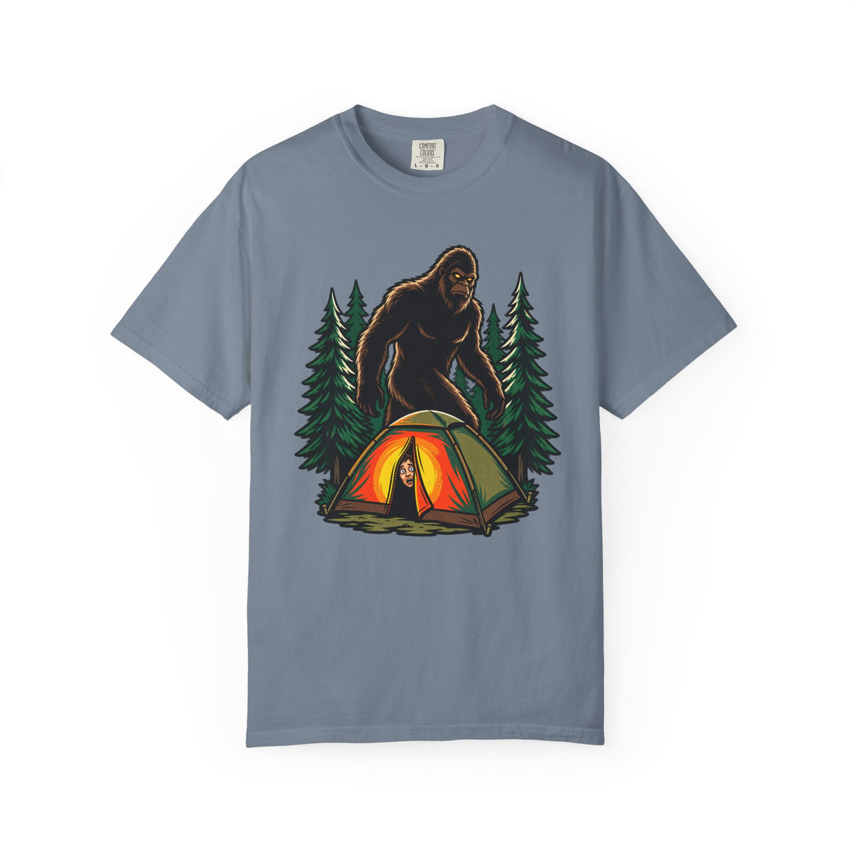 Bigfoot Camping T-Shirt — Sasquatch Near Glowing Tent Graphic Tee