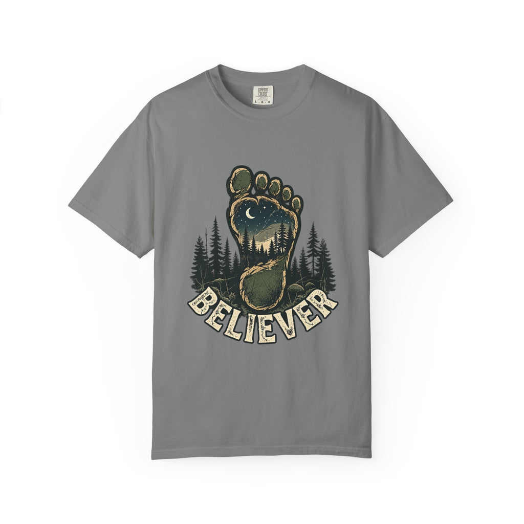 Believer Bigfoot Footprint T-Shirt — Sasquatch Forest Adventure Tee
