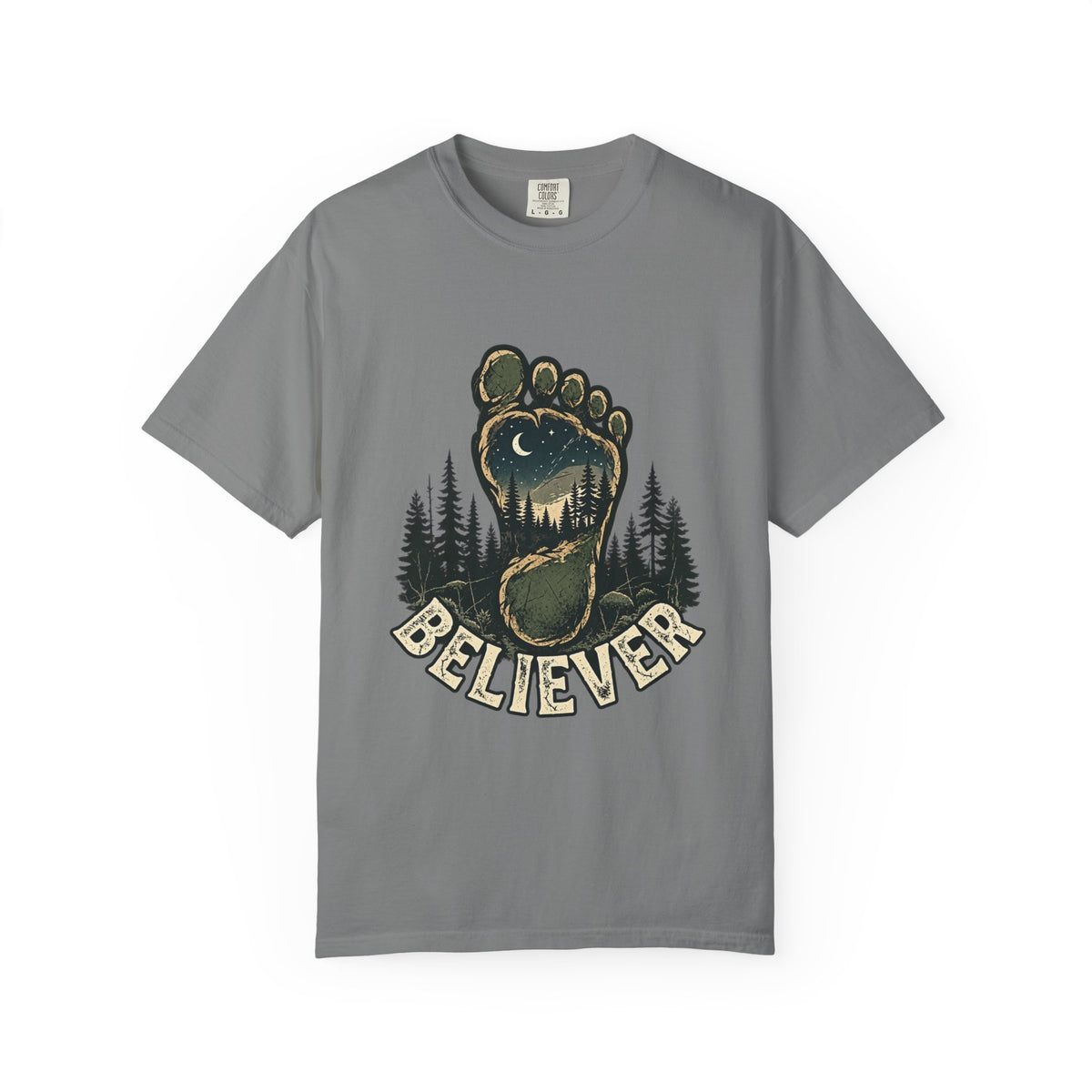 Believer Bigfoot Footprint T-Shirt — Sasquatch Forest Adventure Tee