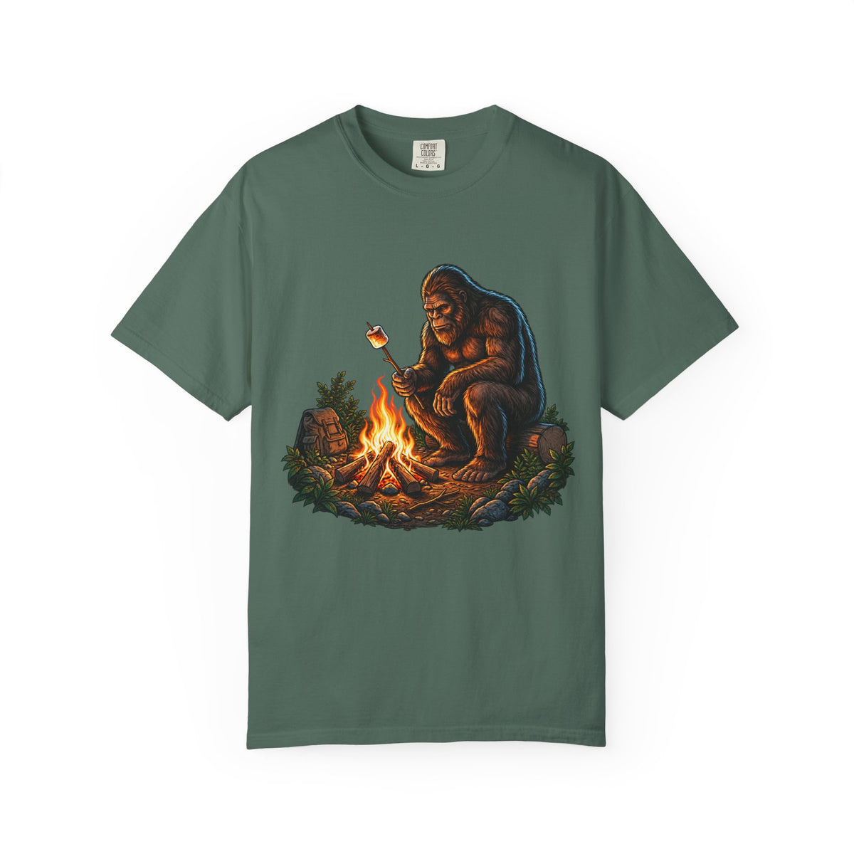 Bigfoot Campfire T-Shirt — Sasquatch Roasting Marshmallow Outdoor Tee