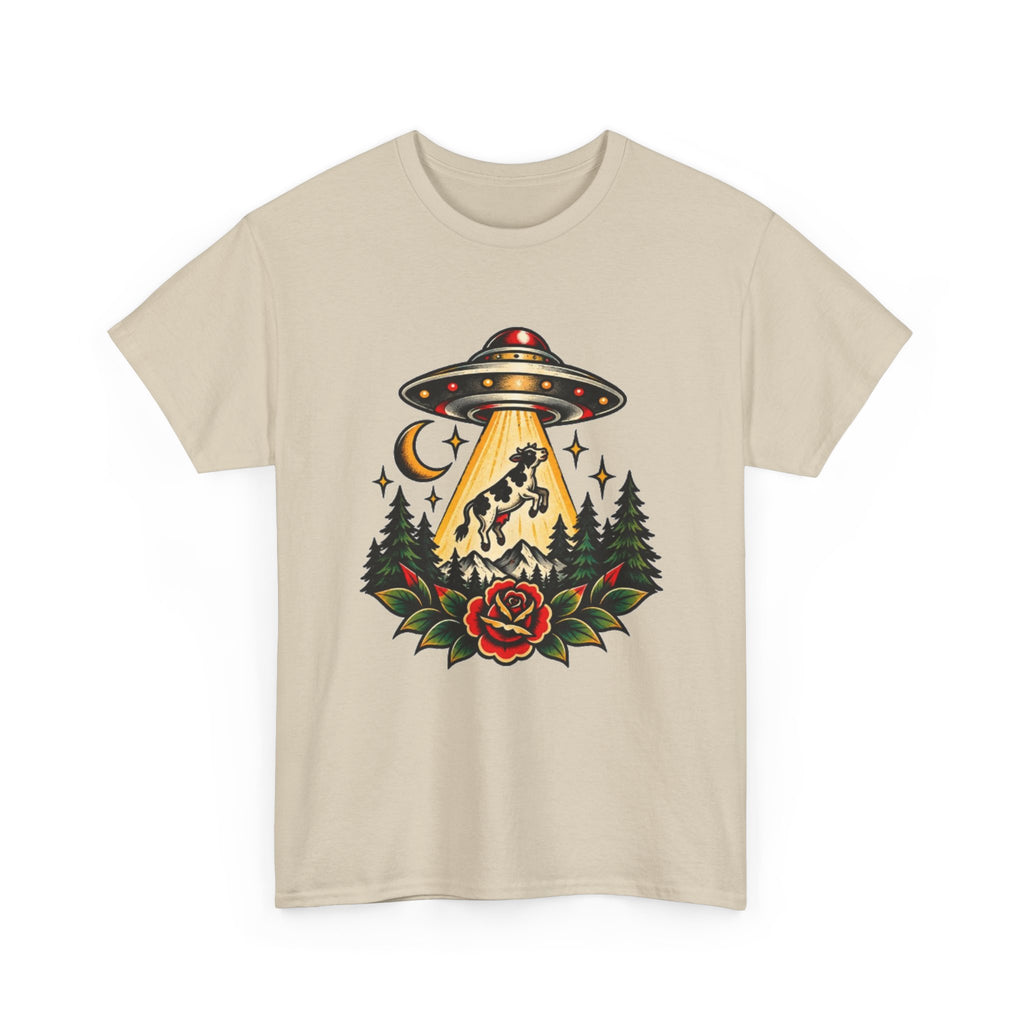UFO Abduction Tee — Retro Alien Tractor Beam with Deer & Forest Tattoo Art