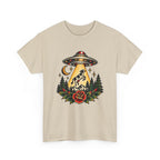 UFO Abduction Tee — Retro Alien Tractor Beam with Deer & Forest Tattoo Art
