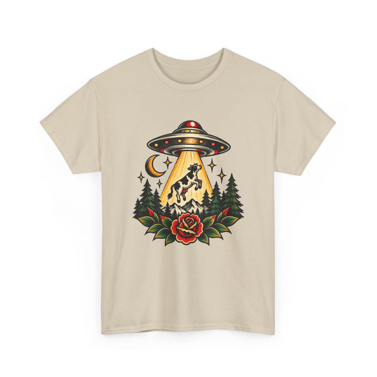 UFO Abduction Tee — Retro Alien Tractor Beam with Deer & Forest Tattoo Art