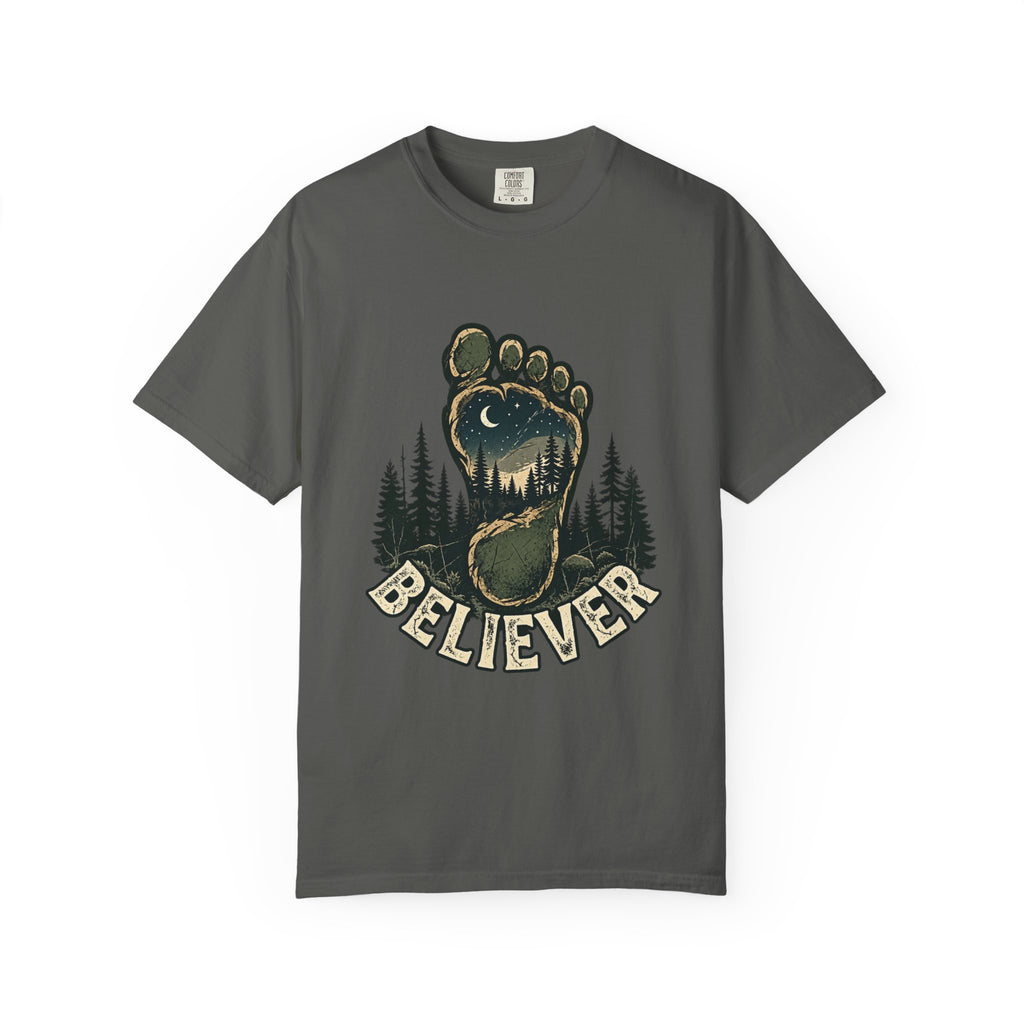 Believer Bigfoot Footprint T-Shirt — Sasquatch Forest Adventure Tee