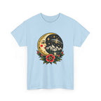 Moon & Forest Tattoo Tee — Vintage Crescent Moon, Night Sky and Flower Graphic T-Shirt