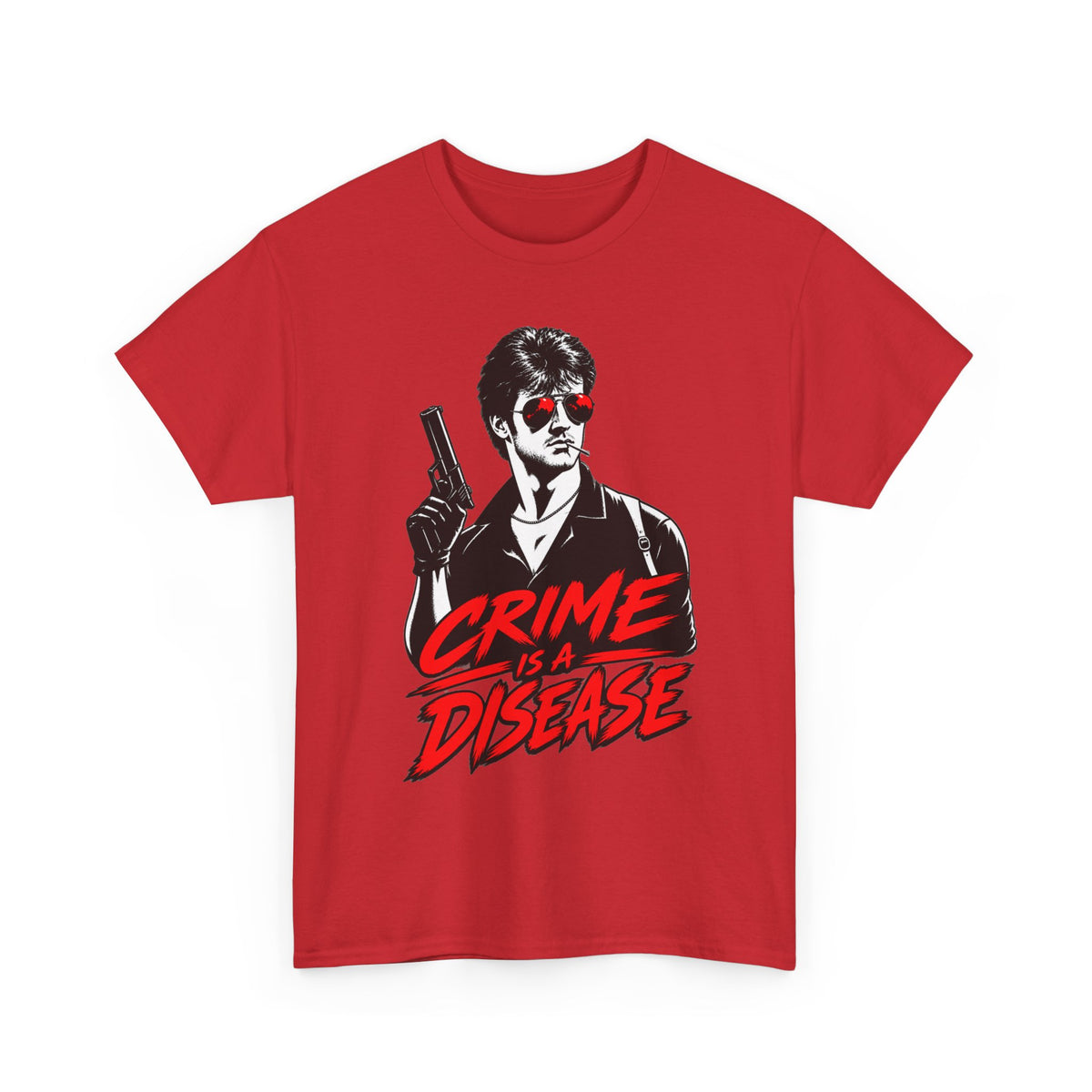 Crime Is a Disease shirt | Noir gunman graphic tee, red accent sunglasses