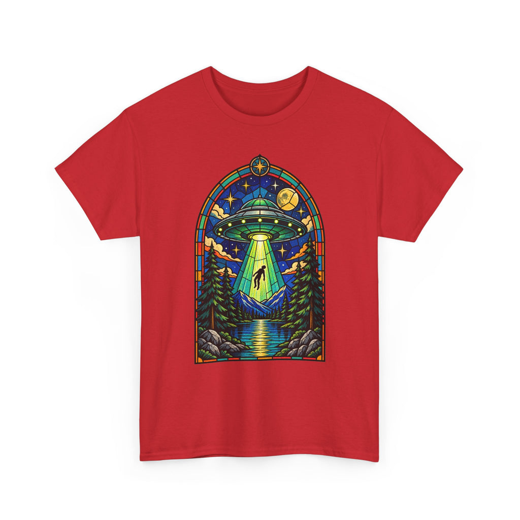 Stained Glass UFO Abduction T-Shirt | Alien Beam, Night Sky, Forest