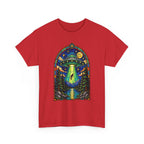 Stained Glass UFO Abduction T-Shirt | Alien Beam, Night Sky, Forest