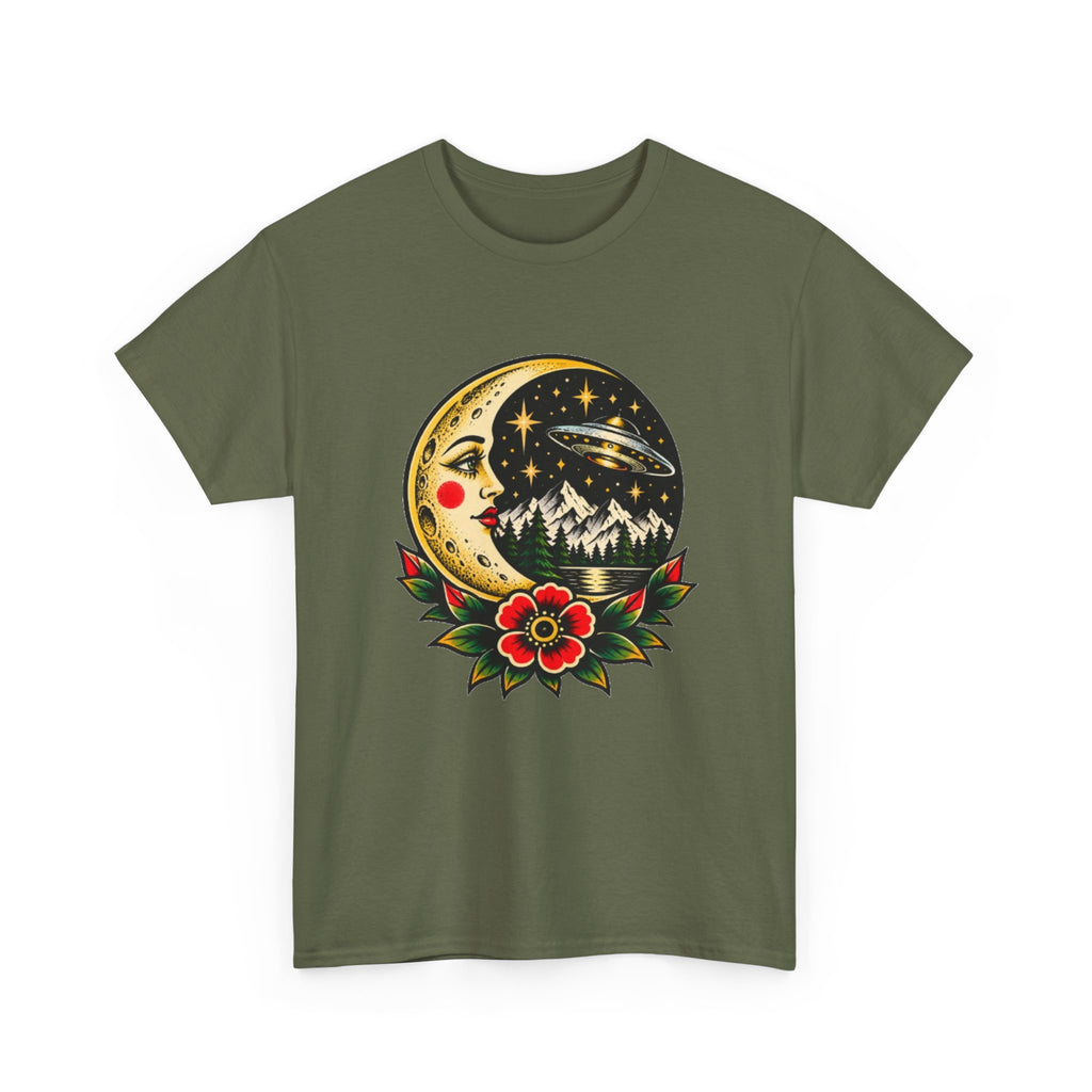 Moon & Forest Tattoo Tee — Vintage Crescent Moon, Night Sky and Flower Graphic T-Shirt