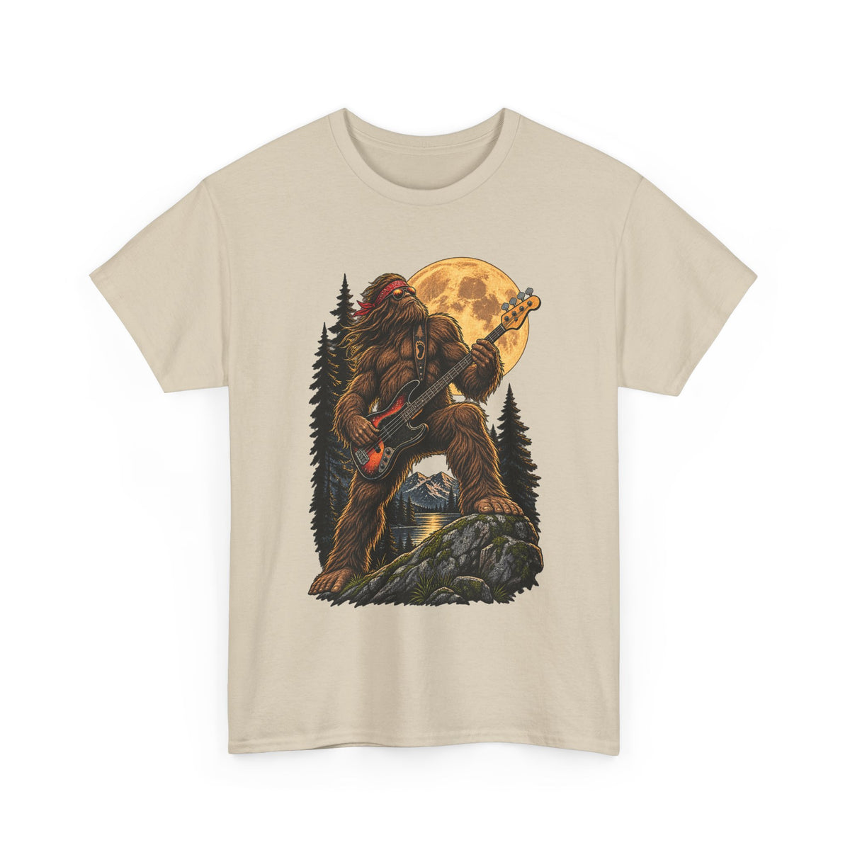 Bigfoot Playing Electric Guitar T-Shirt | Sasquatch Moon Forest Rock Tee