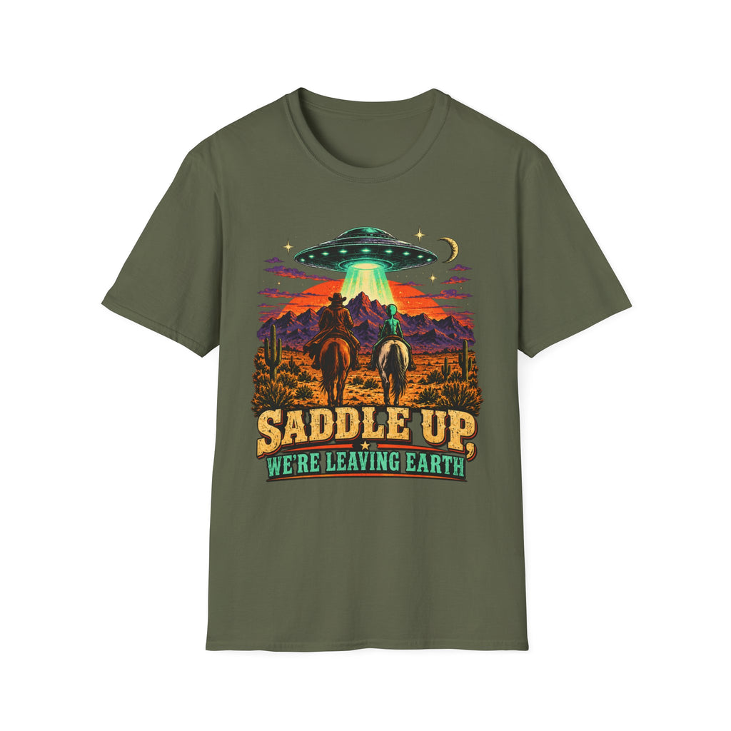 “Saddle Up We’re Leaving Earth” Retro Western Alien Tee