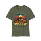 “Saddle Up We’re Leaving Earth” Retro Western Alien Tee