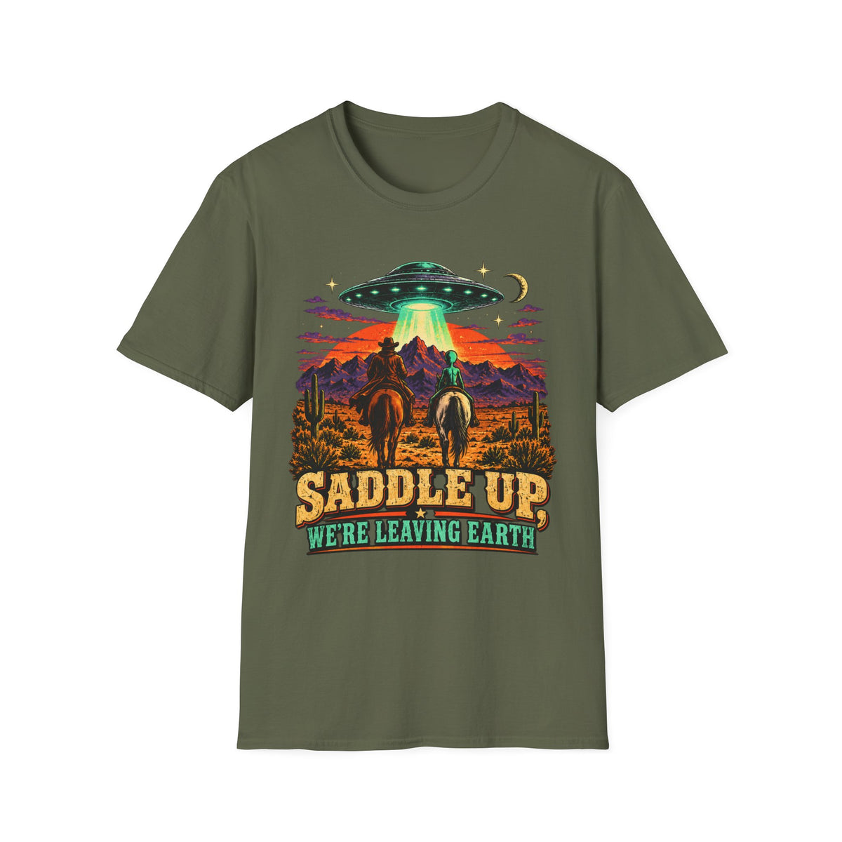 “Saddle Up We’re Leaving Earth” Retro Western Alien Tee