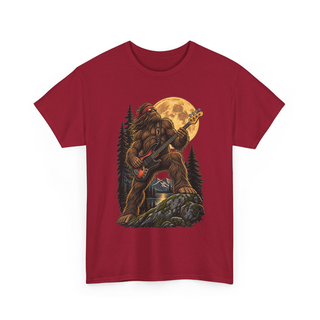 Bigfoot Playing Electric Guitar T-Shirt | Sasquatch Moon Forest Rock Tee