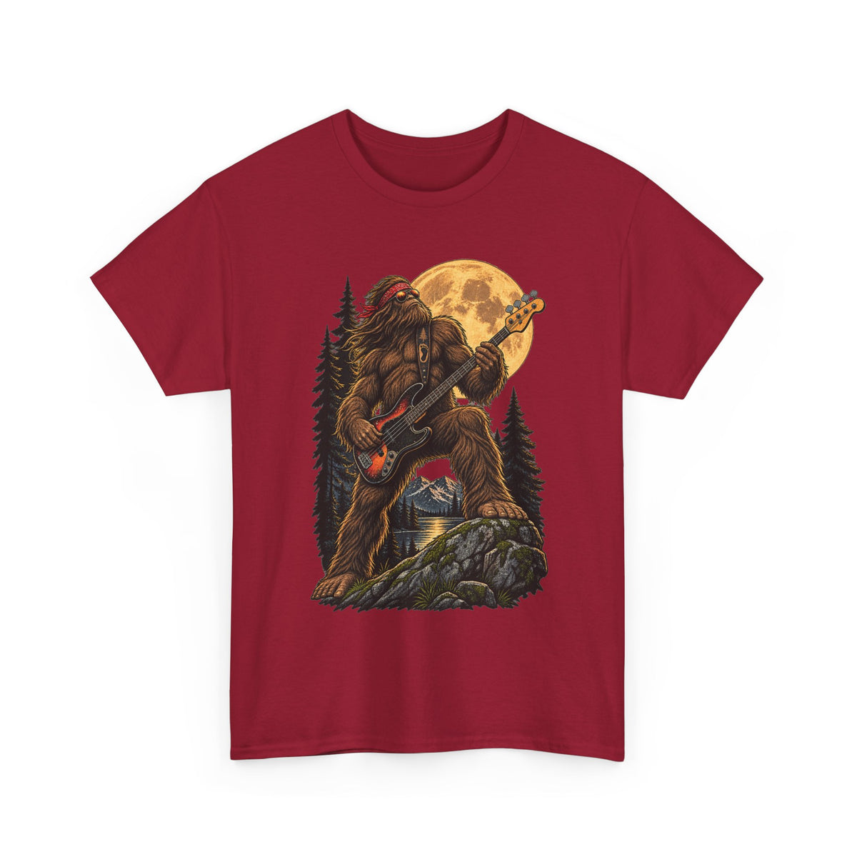 Bigfoot Playing Electric Guitar T-Shirt | Sasquatch Moon Forest Rock Tee