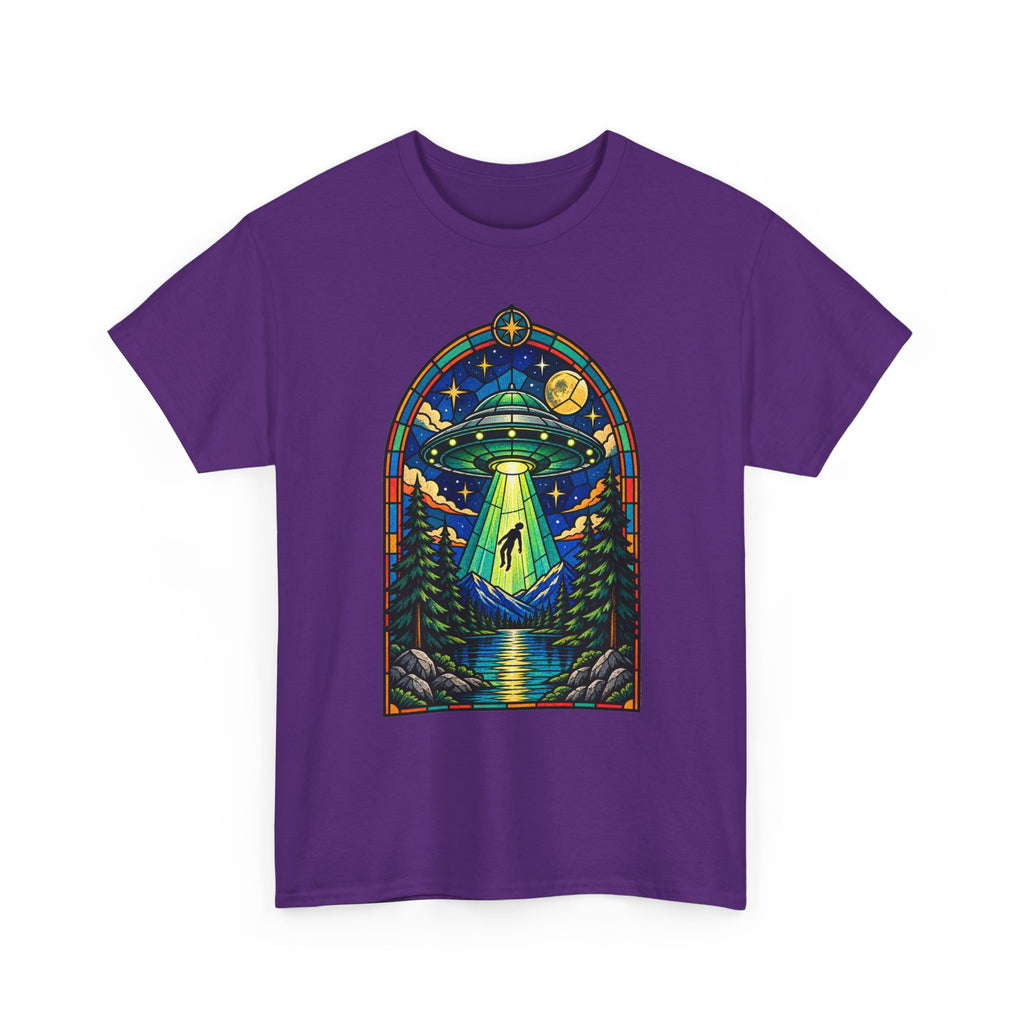 Stained Glass UFO Abduction T-Shirt | Alien Beam, Night Sky, Forest