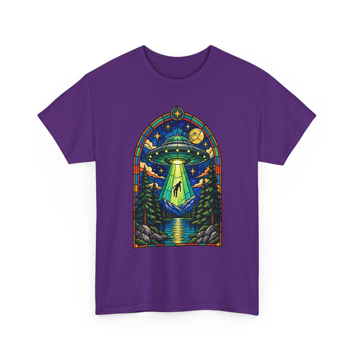 Stained Glass UFO Abduction T-Shirt | Alien Beam, Night Sky, Forest