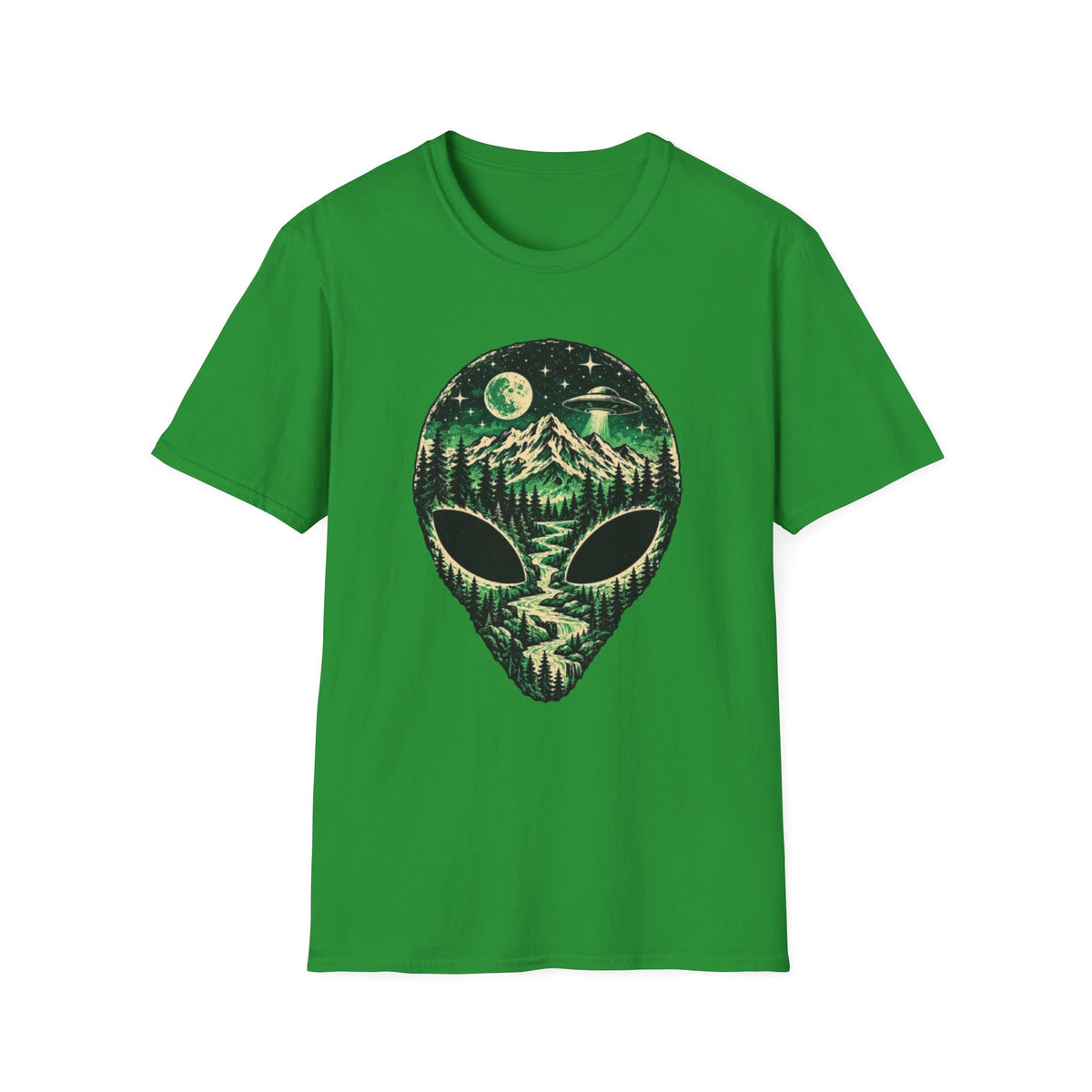 Mystical Mountain Alien T-Shirt – Retro UFO Lover Graphic Tee