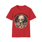 Alien Astronaut T‑Shirt - "First Contact Can Wait" Coffee Space Tee
