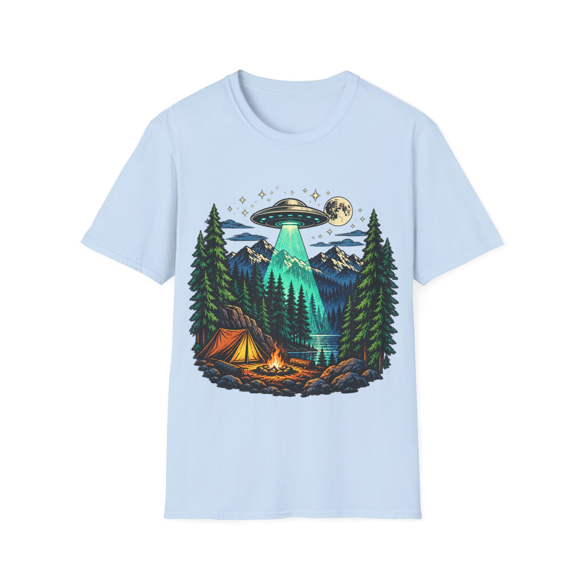 Camping UFO Abduction T-Shirt — Night Forest Tent & Alien Spaceship Graphic