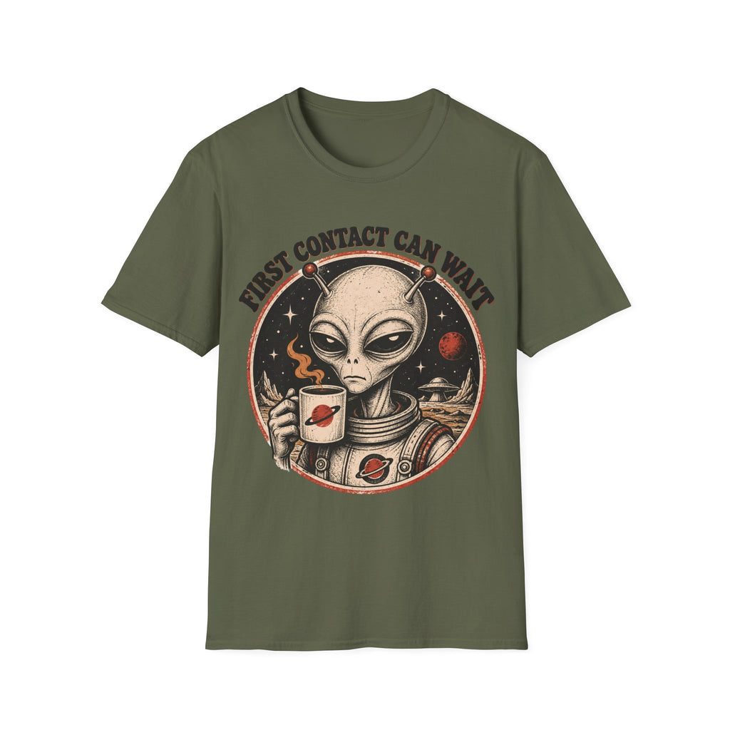 Alien Astronaut T‑Shirt - "First Contact Can Wait" Coffee Space Tee