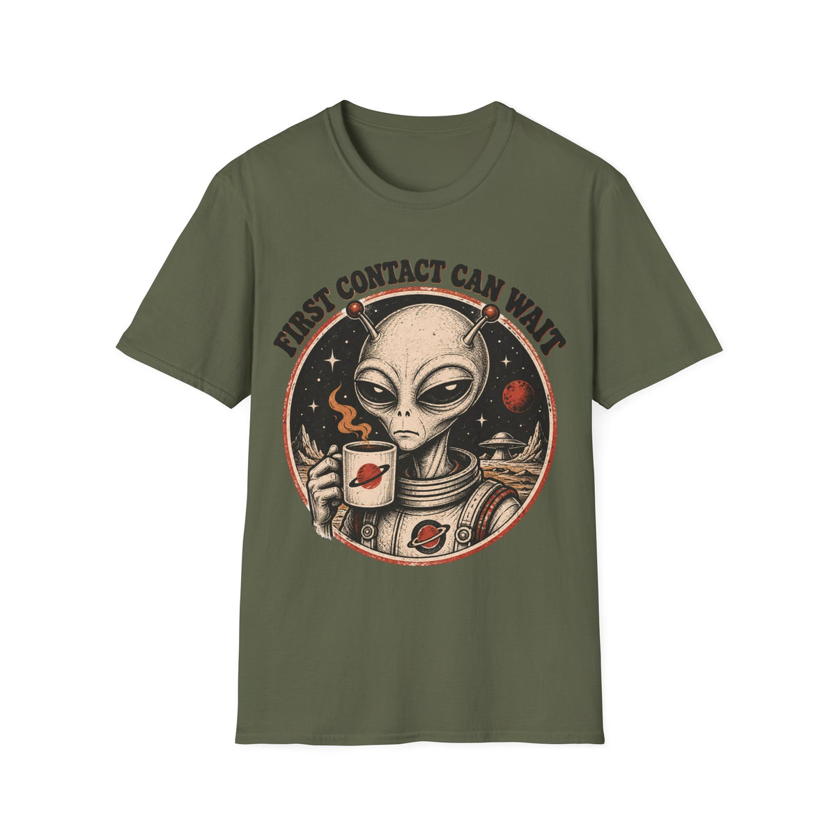 Alien Astronaut T‑Shirt - "First Contact Can Wait" Coffee Space Tee